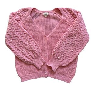 BiBi Women's Pink Pearl Beaded Cardigan Sweater Size L Balloon Sleeve Knit Cozy